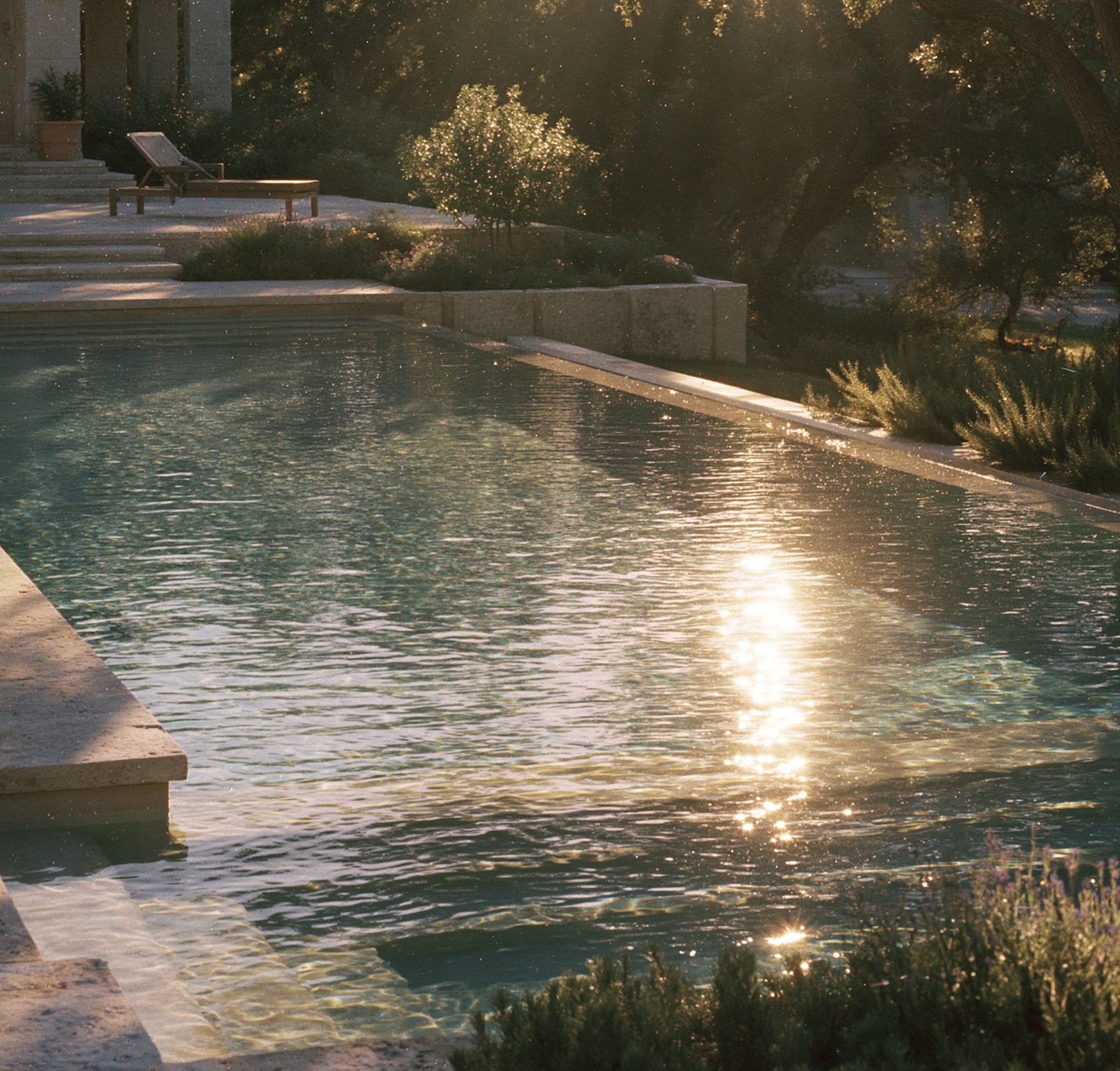 Hill Country pool glowing in warm evening light