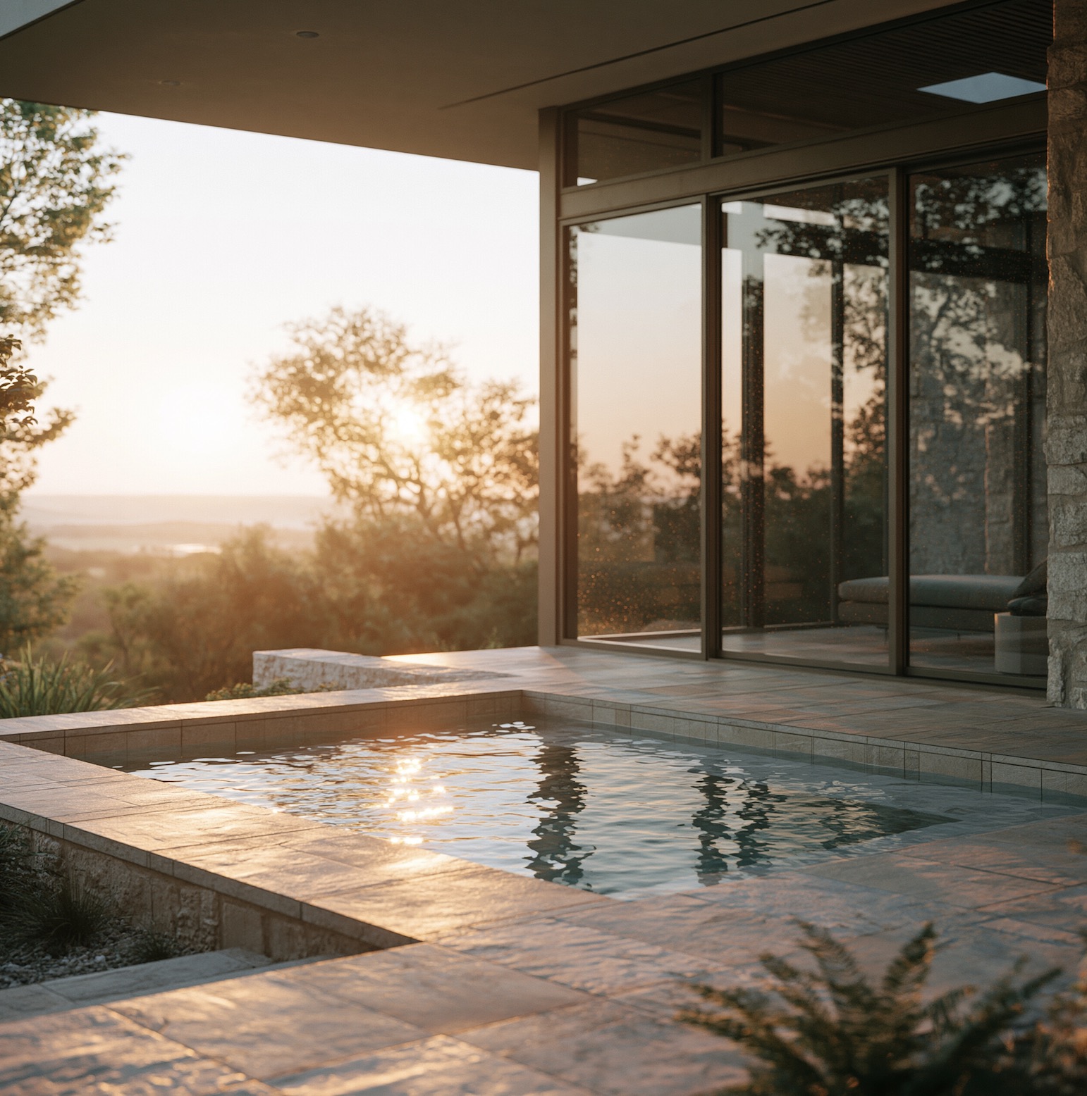 Refined Hill Country pool and stone terrace at sunset